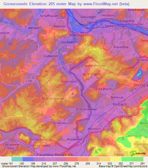 Grossrosseln,Germany Elevation Map