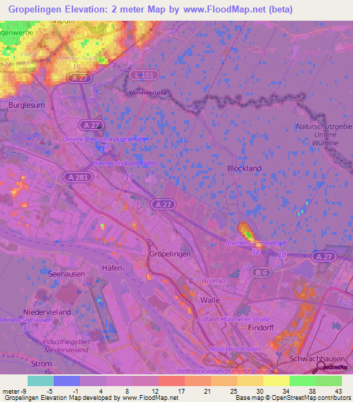 Gropelingen,Germany Elevation Map