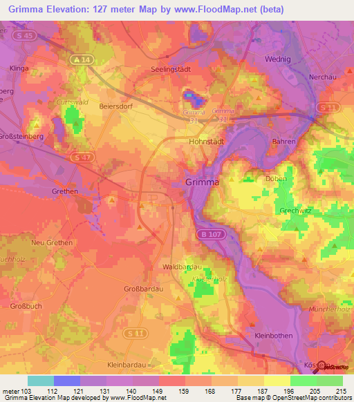 Grimma,Germany Elevation Map