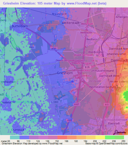 Griesheim,Germany Elevation Map