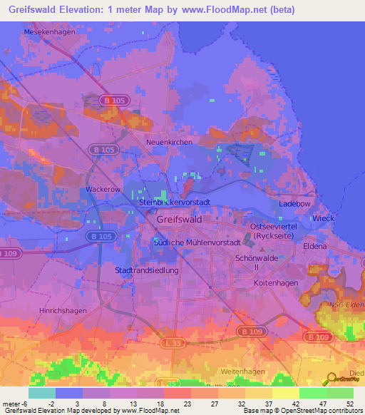 Greifswald,Germany Elevation Map