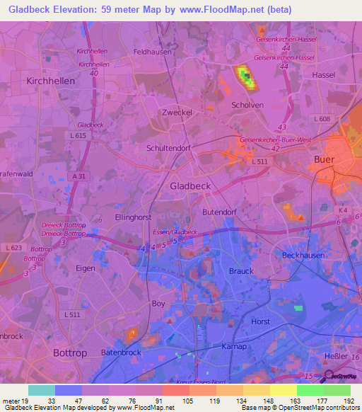 Gladbeck,Germany Elevation Map