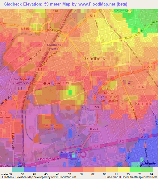 Gladbeck,Germany Elevation Map