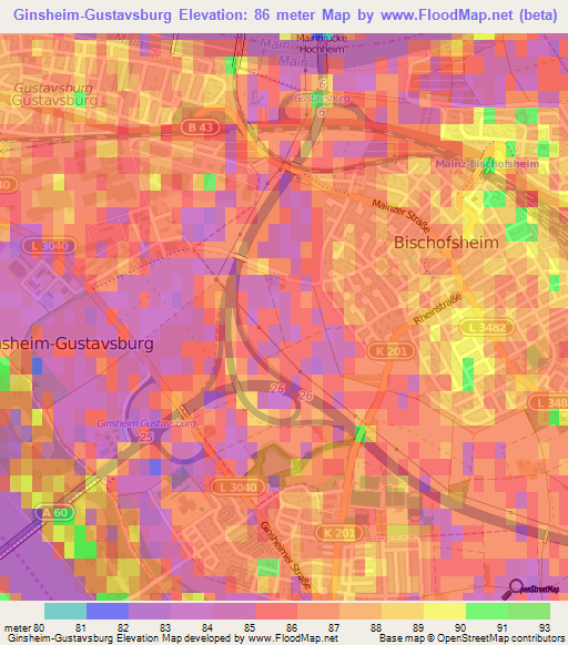 Ginsheim-Gustavsburg,Germany Elevation Map