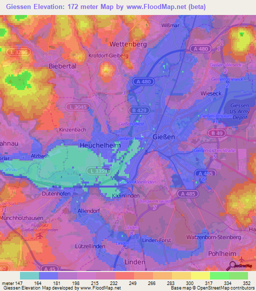 Giessen,Germany Elevation Map