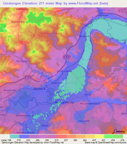 Gerstungen,Germany Elevation Map