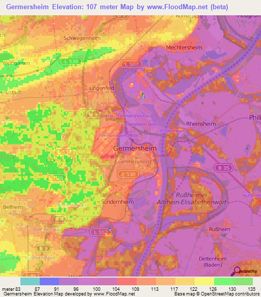 Germersheim,Germany Elevation Map