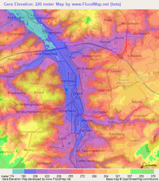 Gera,Germany Elevation Map