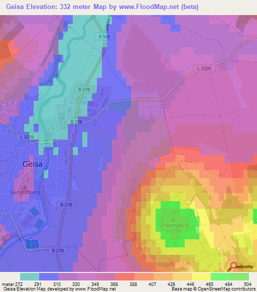 Geisa,Germany Elevation Map