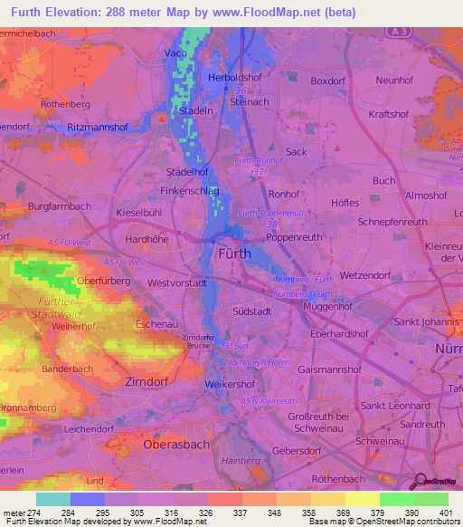 Furth,Germany Elevation Map