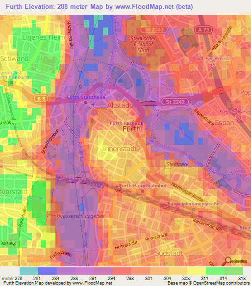 Furth,Germany Elevation Map