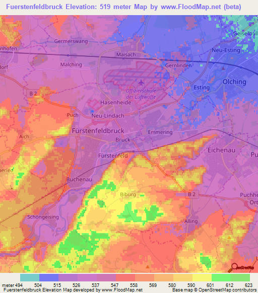 Fuerstenfeldbruck,Germany Elevation Map