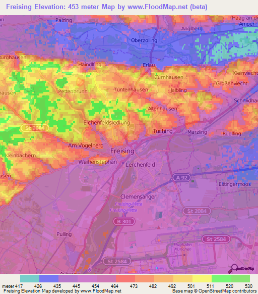 Freising,Germany Elevation Map