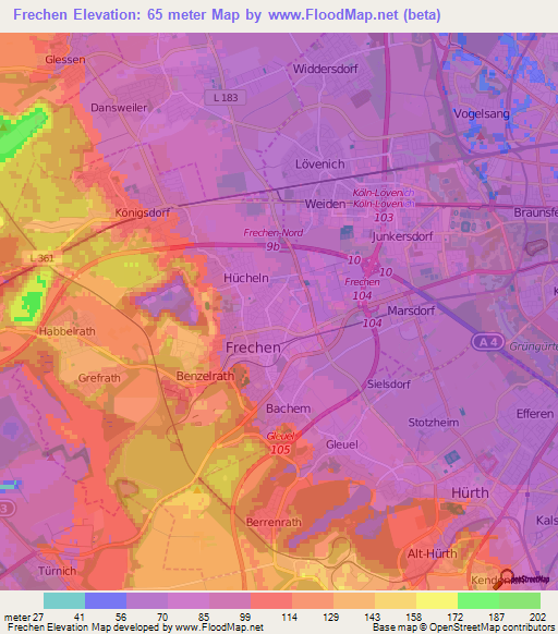 Frechen,Germany Elevation Map