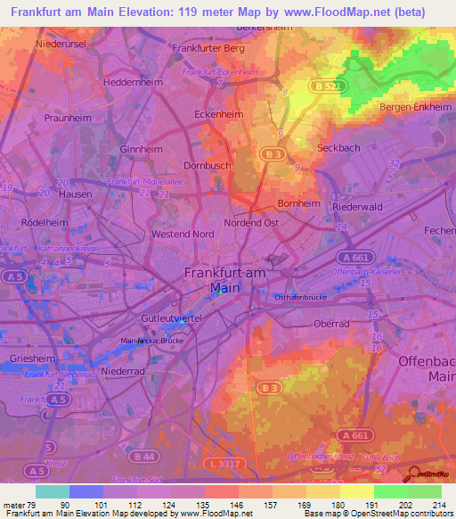 Frankfurt am Main,Germany Elevation Map