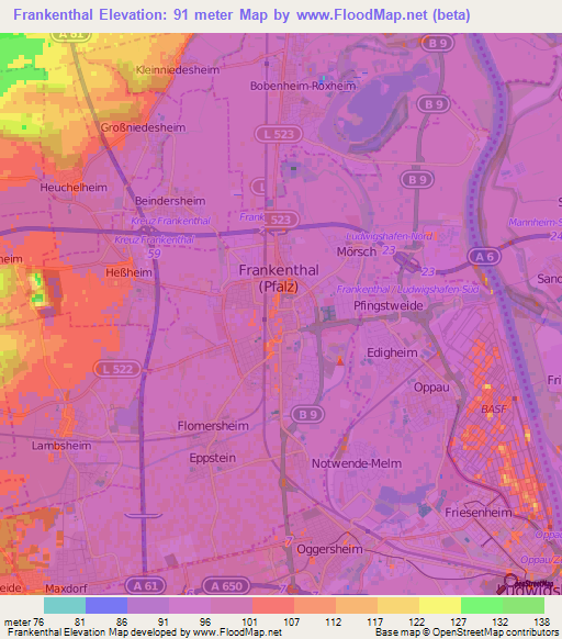 Frankenthal,Germany Elevation Map