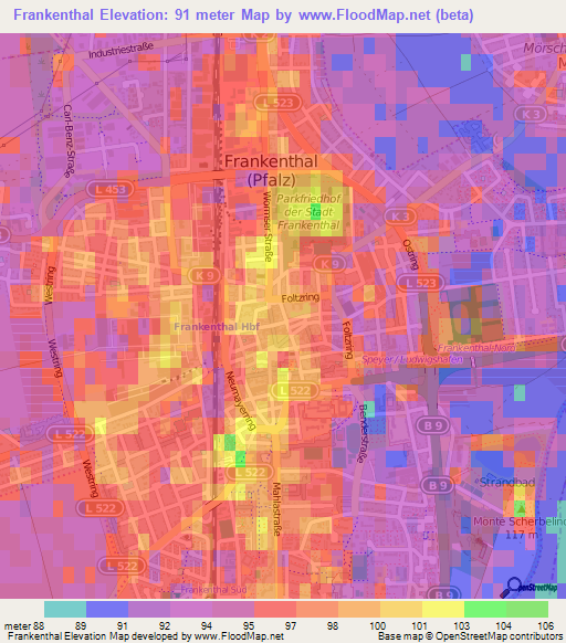 Frankenthal,Germany Elevation Map