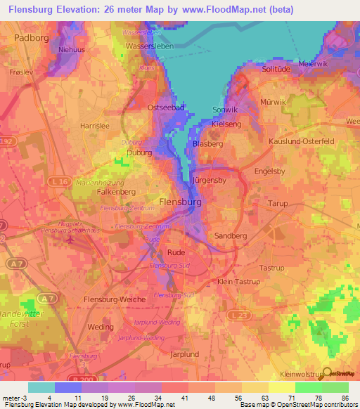 Flensburg,Germany Elevation Map