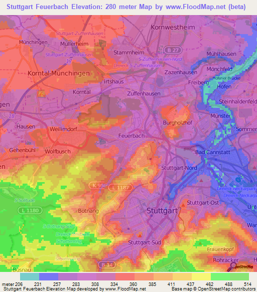 Stuttgart Feuerbach,Germany Elevation Map