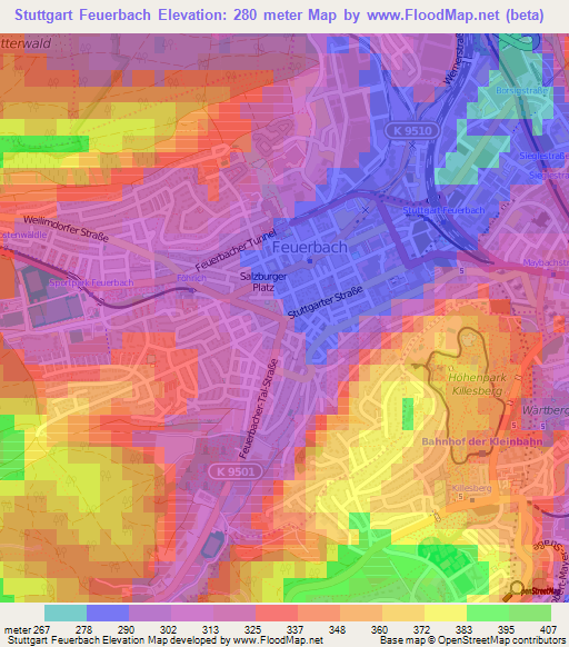 Stuttgart Feuerbach,Germany Elevation Map