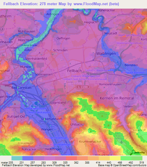 Fellbach,Germany Elevation Map