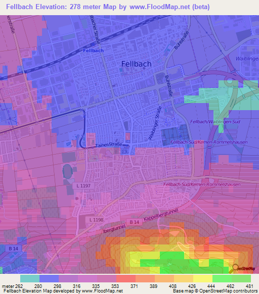 Fellbach,Germany Elevation Map