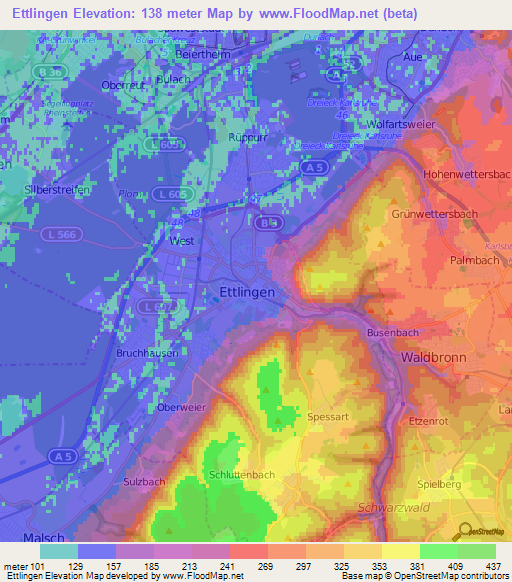 Ettlingen,Germany Elevation Map