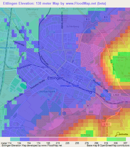 Ettlingen,Germany Elevation Map