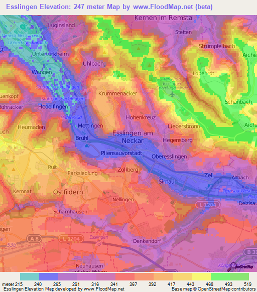 Esslingen,Germany Elevation Map