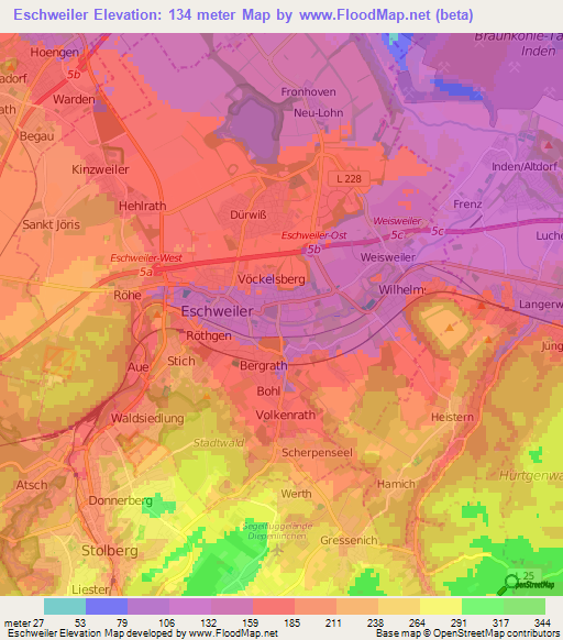 Eschweiler,Germany Elevation Map