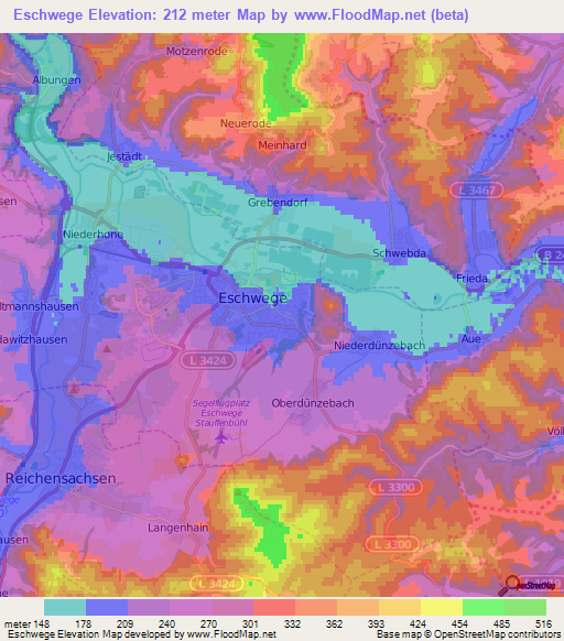 Eschwege,Germany Elevation Map