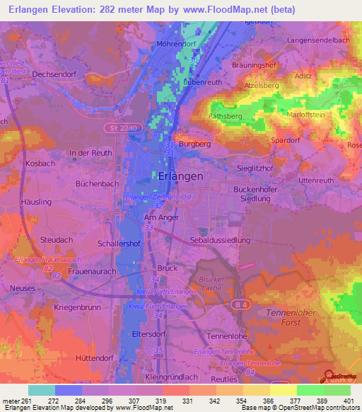 Erlangen,Germany Elevation Map