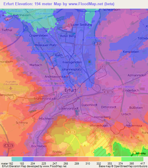 Erfurt,Germany Elevation Map