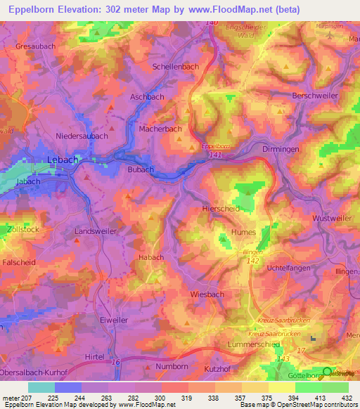 Eppelborn,Germany Elevation Map