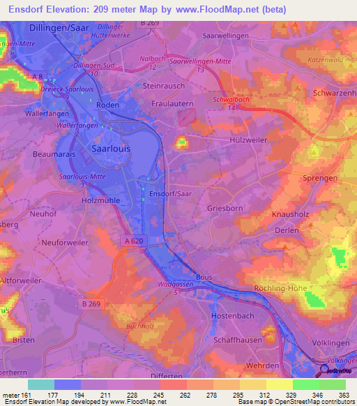 Ensdorf,Germany Elevation Map