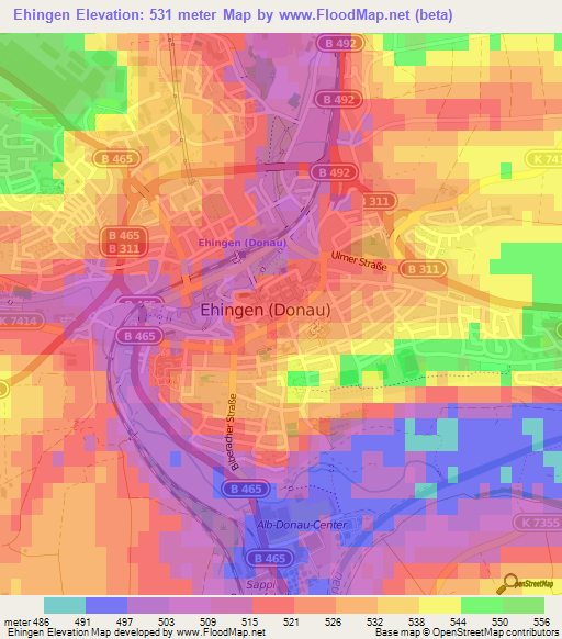 Ehingen,Germany Elevation Map