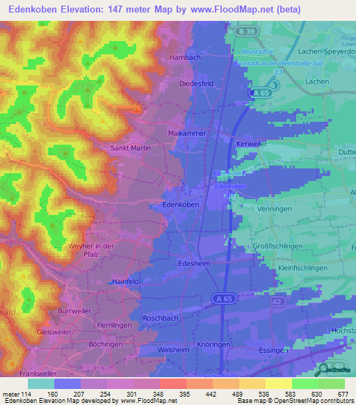Edenkoben,Germany Elevation Map