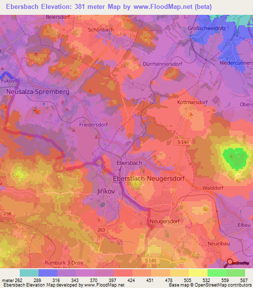 Ebersbach,Germany Elevation Map