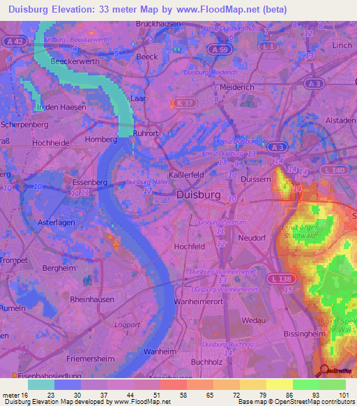 Duisburg,Germany Elevation Map