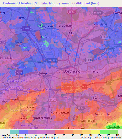 Dortmund,Germany Elevation Map