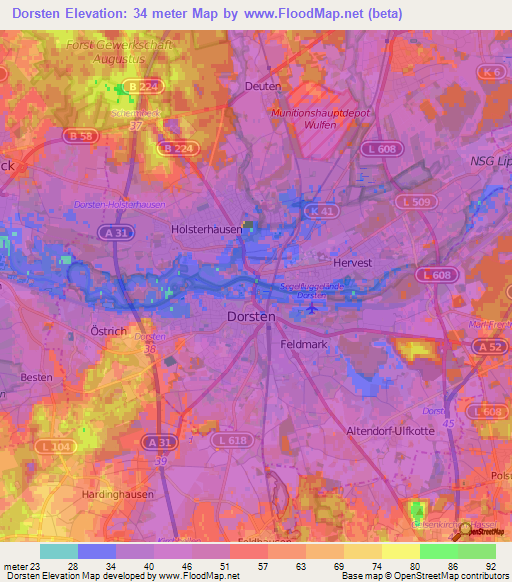 Dorsten,Germany Elevation Map