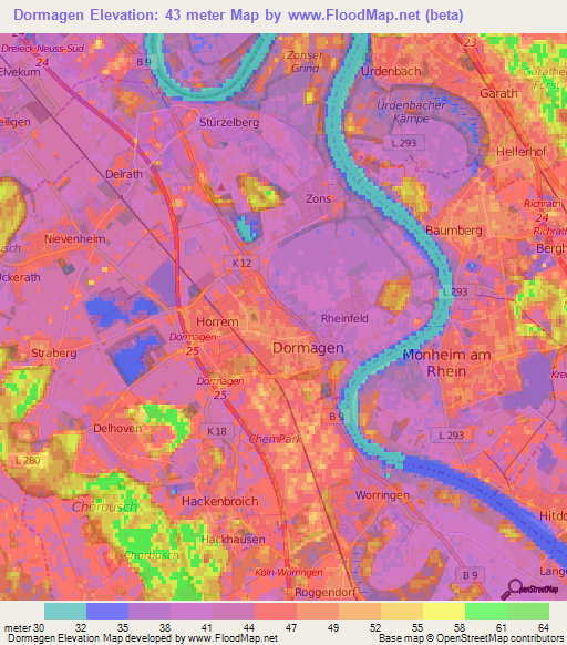 Dormagen,Germany Elevation Map