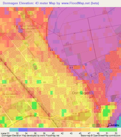 Dormagen,Germany Elevation Map