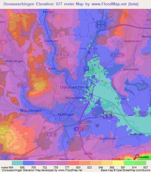 Donaueschingen,Germany Elevation Map