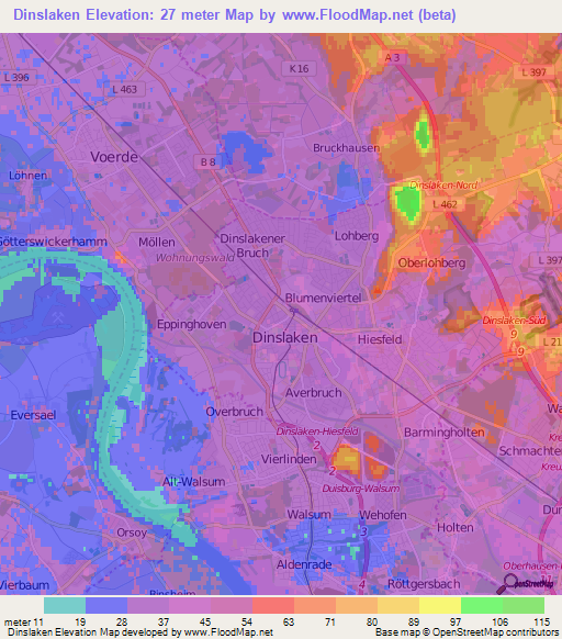 Dinslaken,Germany Elevation Map