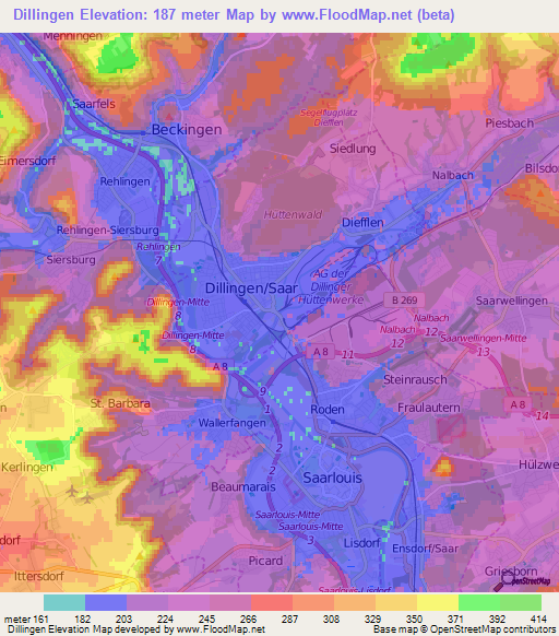 Dillingen,Germany Elevation Map