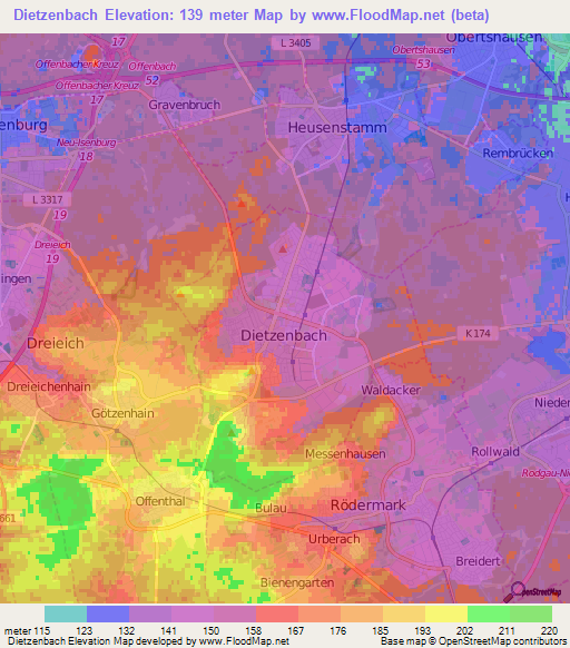 Dietzenbach,Germany Elevation Map