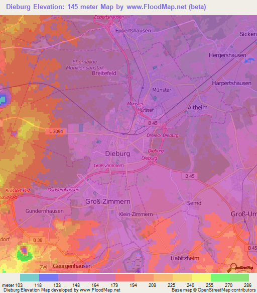 Dieburg,Germany Elevation Map