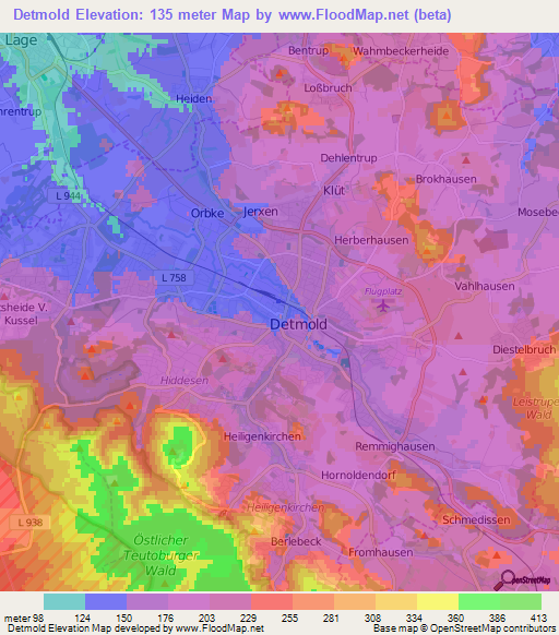 Detmold,Germany Elevation Map