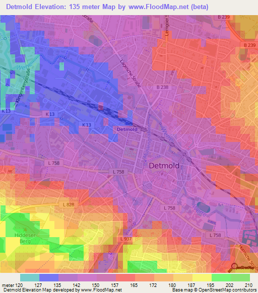 Detmold,Germany Elevation Map